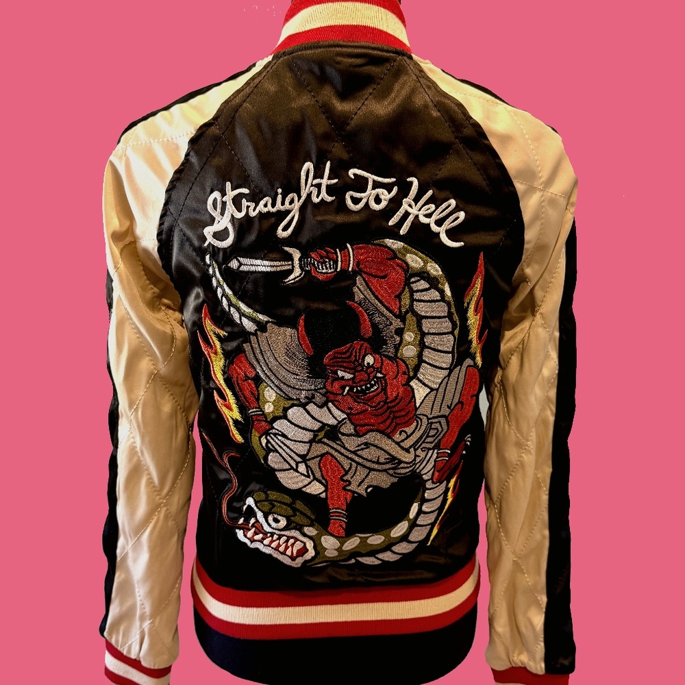 NWT Straight to Hell Black and Blue Souvenir Reversible Satin Jacket